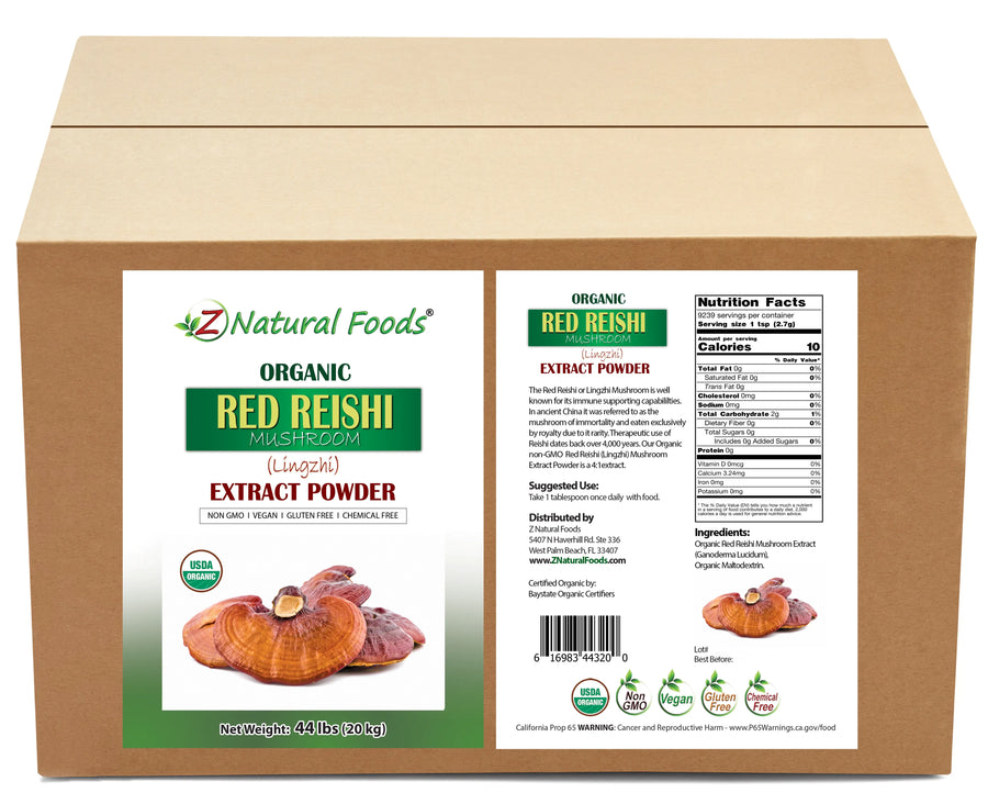 Photo of front and back label image of Red Reishi Mushroom Extract Powder (Lingzhi) - Organic in bulk