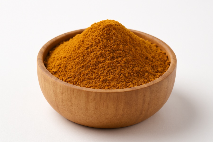 Red orange powder in a wooden bowl.