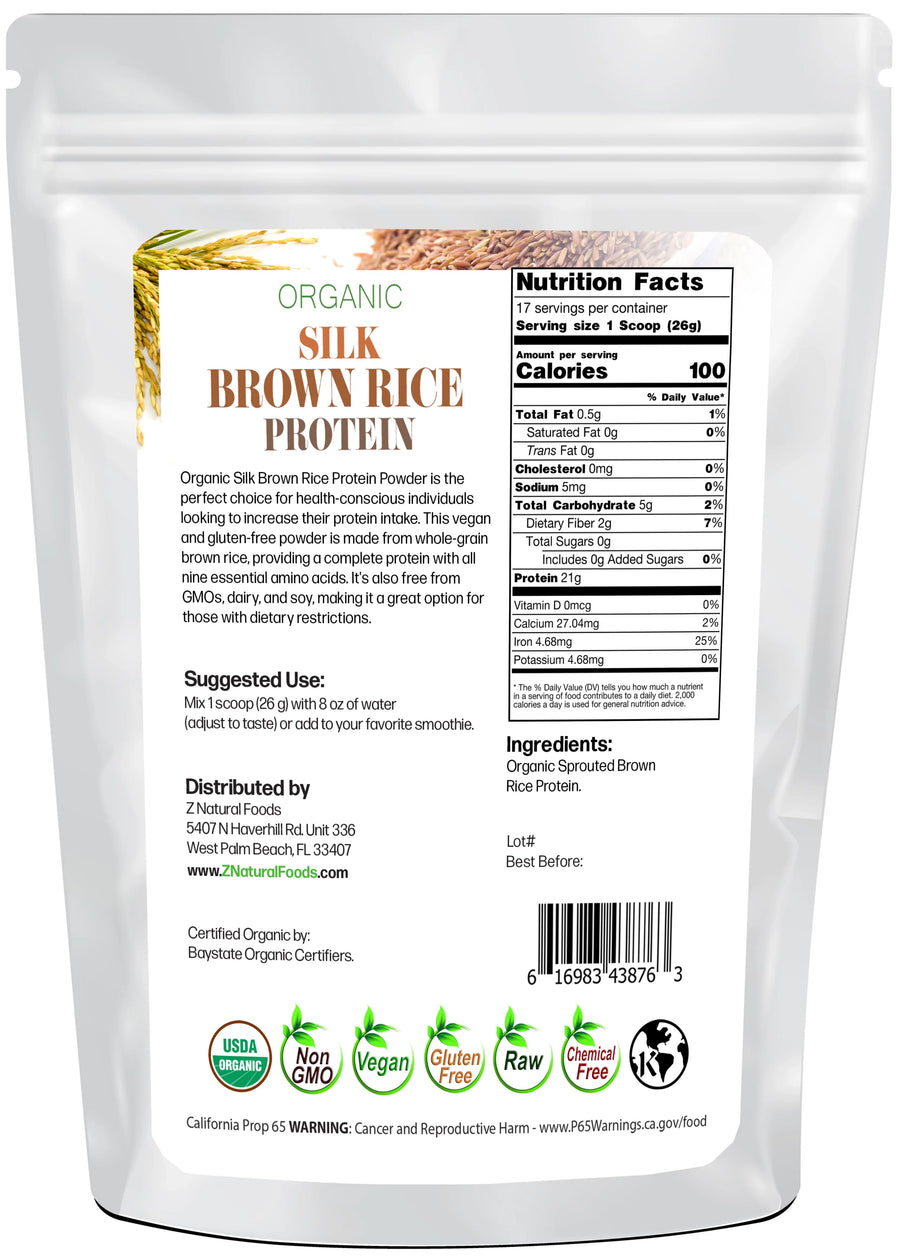 Back of the bag image of Silk Brown Rice Protein Powder - Organic 1 lb