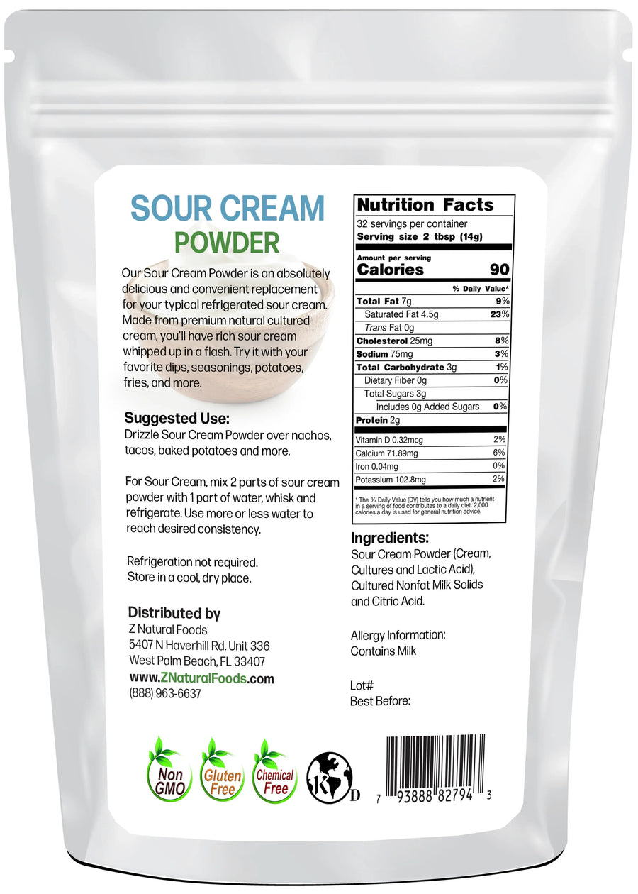 Photo of the back of 1 lb bag of Sour Cream Powder 