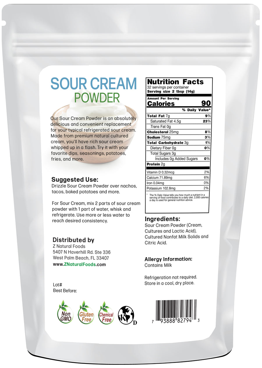 Photo of the back of 1 lb bag of Sour Cream Powder 