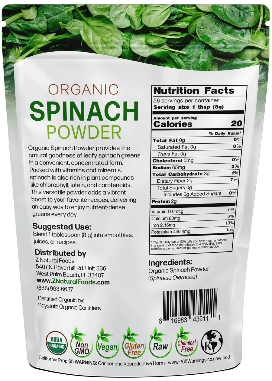 Back of bag image of Spinach Powder - Organic 1lb