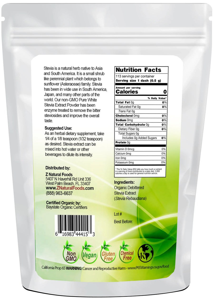 Photo of the back of 2 oz bag of Stevia Extract Powder (Debittered) - Organic