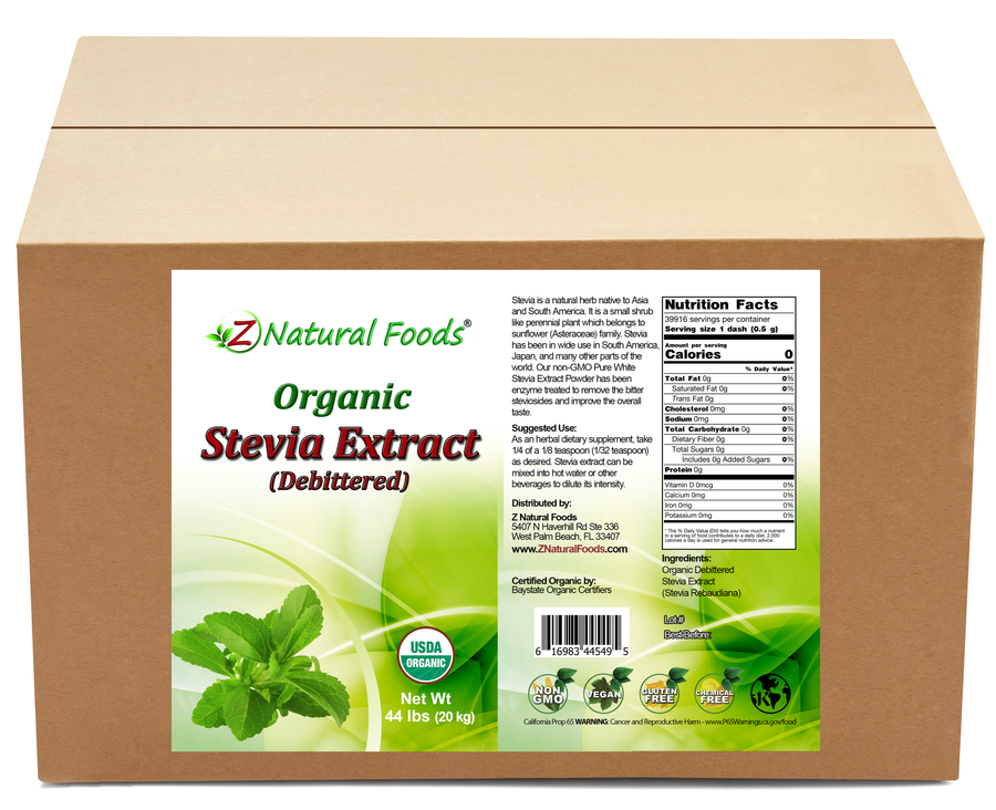 Photo of the front and back label image for Stevia Extract Powder (Debittered) - Organic in bulk