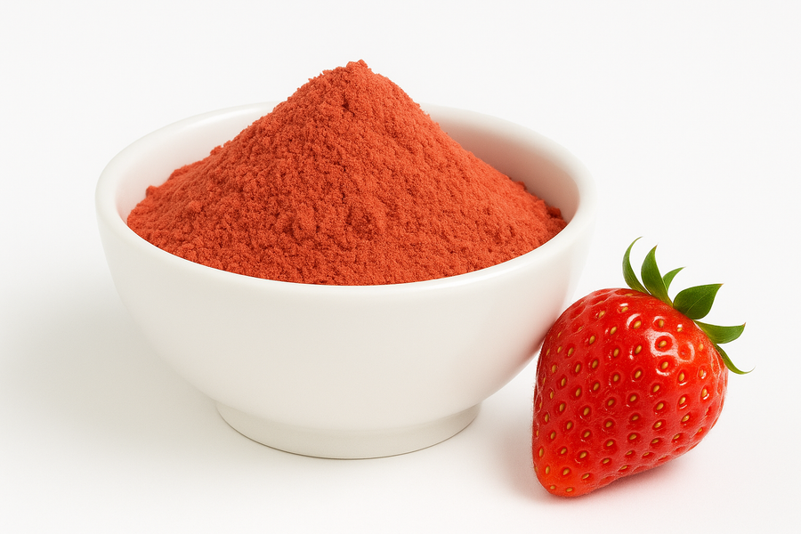 Red powder in a white bowl next to a strawberry.