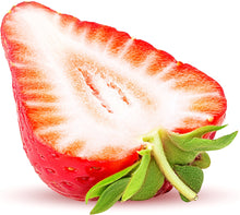 Strawberry sliced in half showing half stem and white inside of strawberry