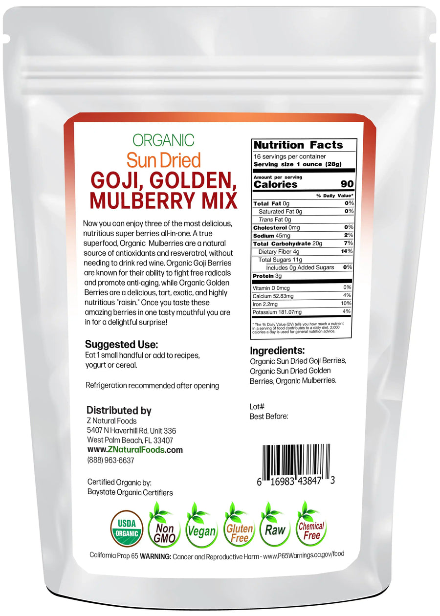 Sun Dried Goji, Golden, Mulberry Mix - Organic back of the bag image 1 lb