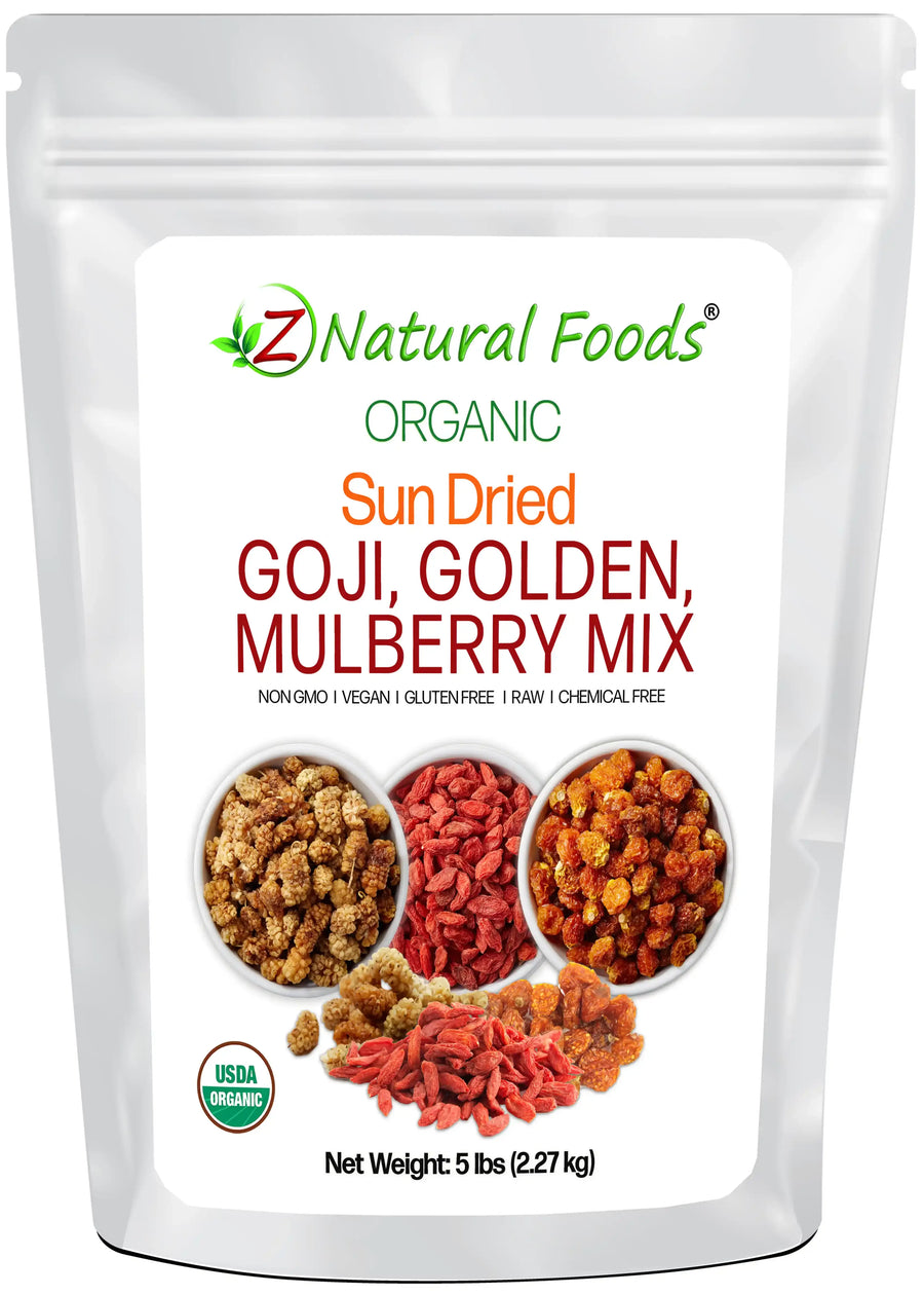 Sun Dried Goji, Golden, Mulberry Mix - Organic front of the bag image 5 lb