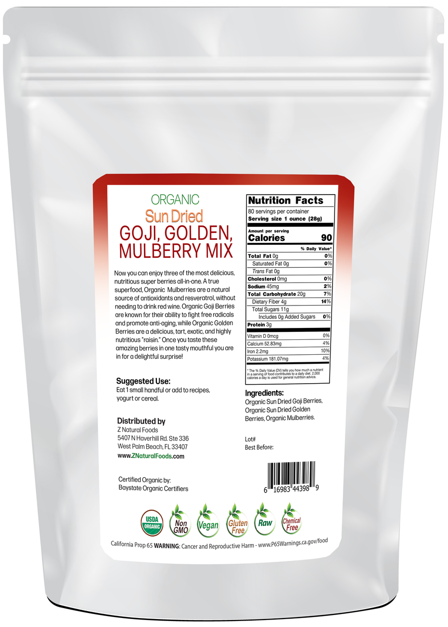 Sun Dried Goji, Golden, Mulberry Mix - Organic back of the bag image 5 lb