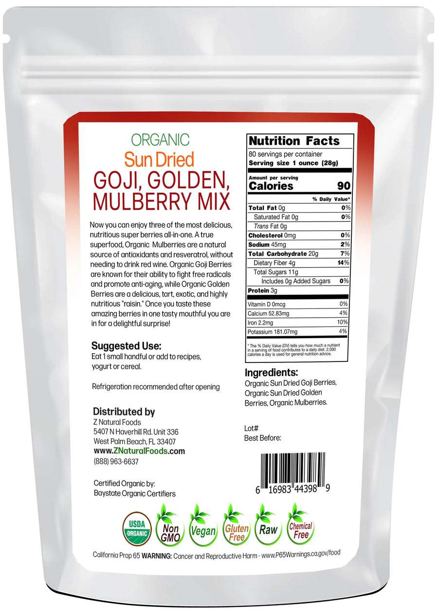 Sun Dried Goji, Golden, Mulberry Mix - Organic back of the bag image 5 lb