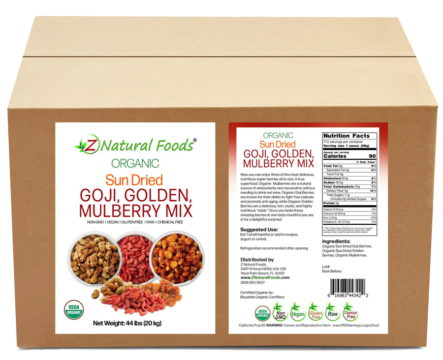 Sun Dried Goji, Golden, Mulberry Mix - Organic front and back label image in bulk