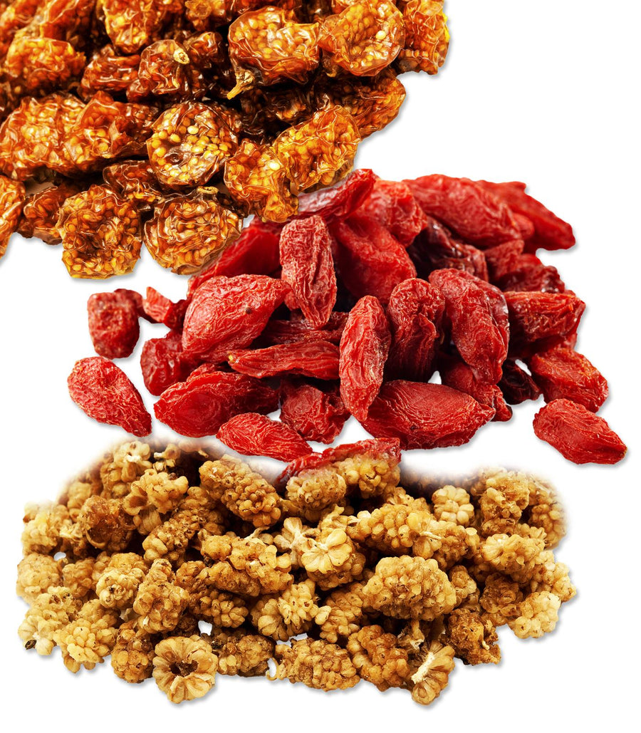 Image of Sun Dried Goji berries, Golden berries and white Mulberries