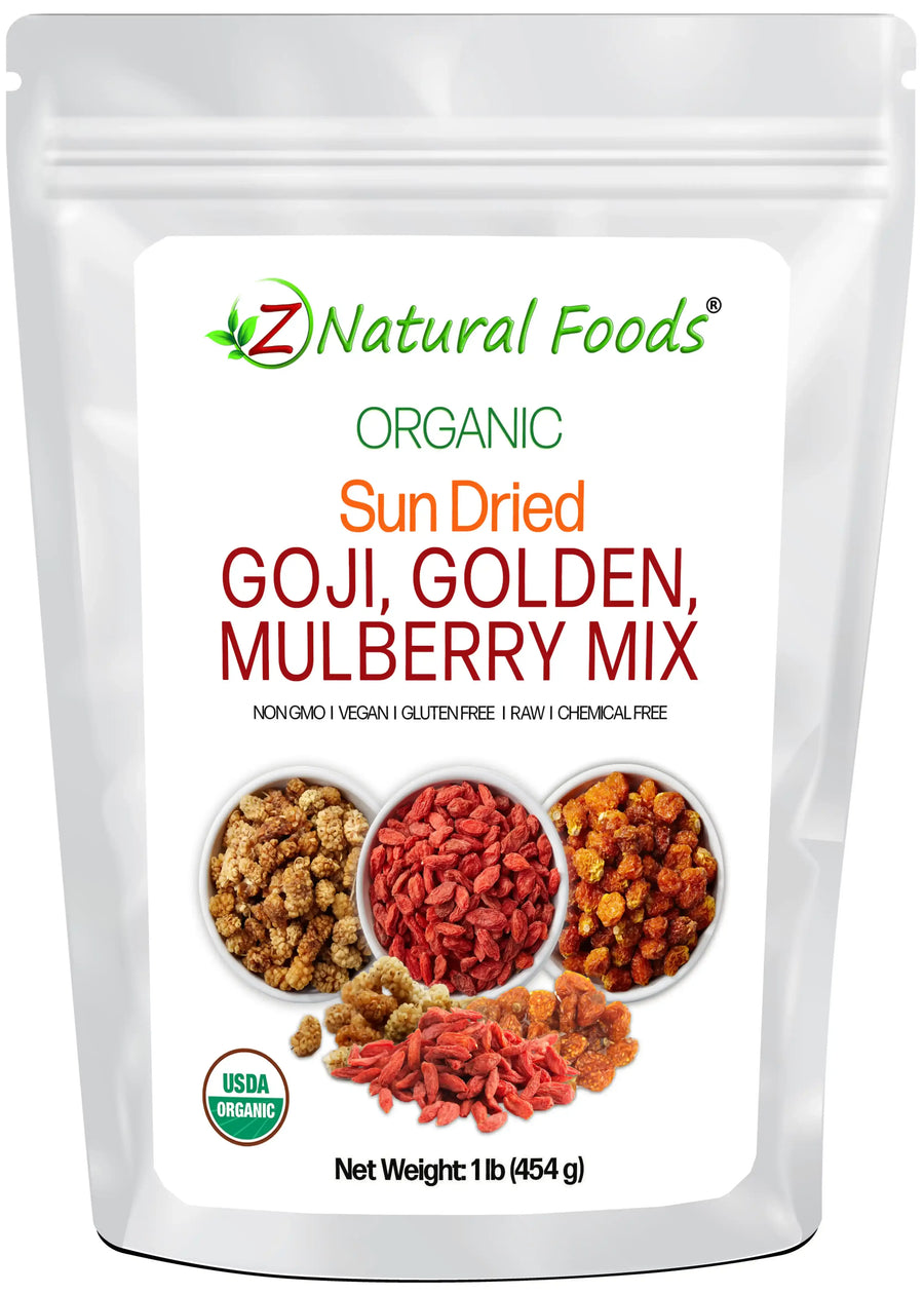 Sun Dried Goji, Golden, Mulberry Mix - Organic front of the bag image 1 lb