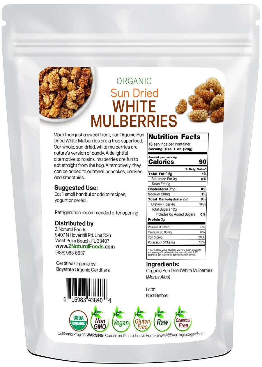Back of the 1 lb bag image of Sun Dried White Mulberries - Organic