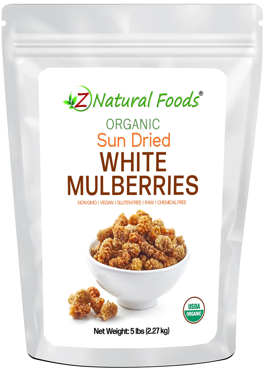 Front of the 5 lb bag image of Sun Dried White Mulberries - Organic