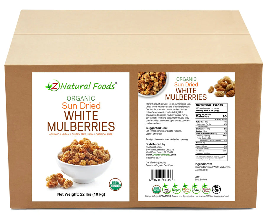 Front and back label image of Sun Dried White Mulberries - Organic in bulk