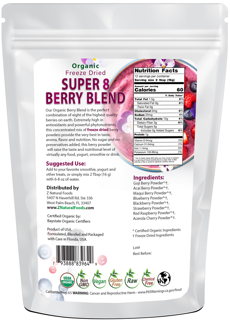 Photo of back of 7 oz bag of Super 8 Berry Blend - Organic Freeze Dried