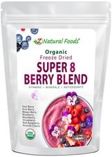 Photo of front of 1 lb bag of Super 8 Berry Blend - Organic Freeze Dried