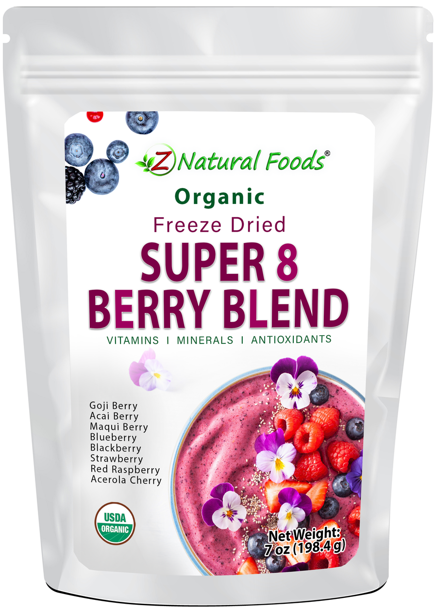 Photo of front of 7 oz bag of Super 8 Berry Blend - Organic Freeze Dried