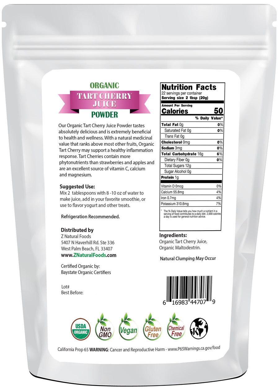 1 lb Tart Cherry Juice Powder - Organic Fruit Powders Z Natural Foods back of bag image