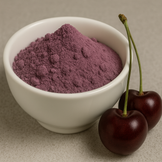 Purple Powder in a white bowl with 2 cherries next to bowl.