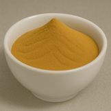 Orange fine powder in a white bowl.