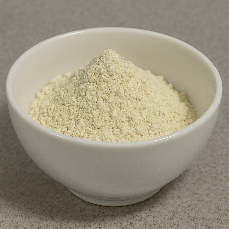 Cream white powder in a white bowl.