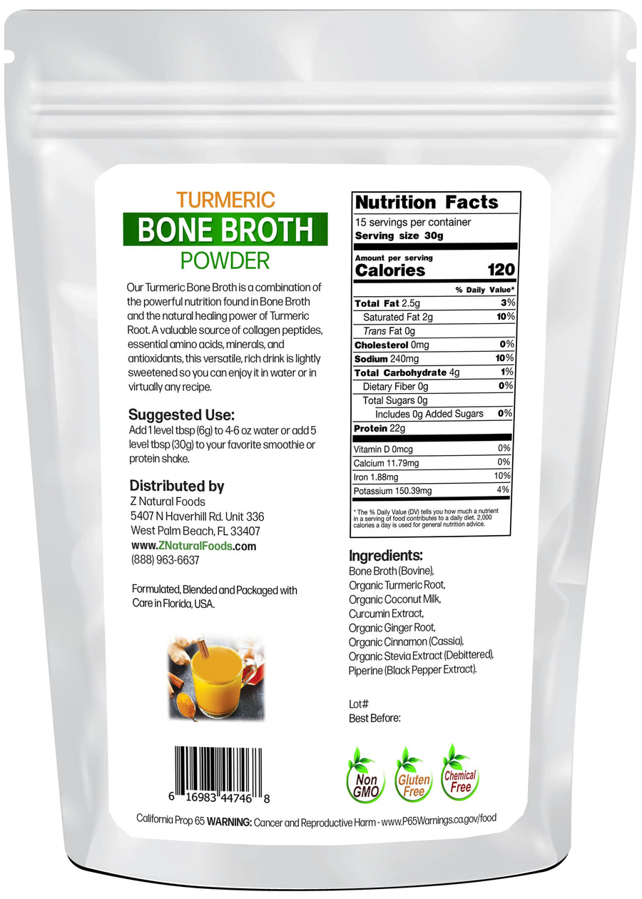 Photo of back of 1 lb bag of Turmeric Bone Broth Powder