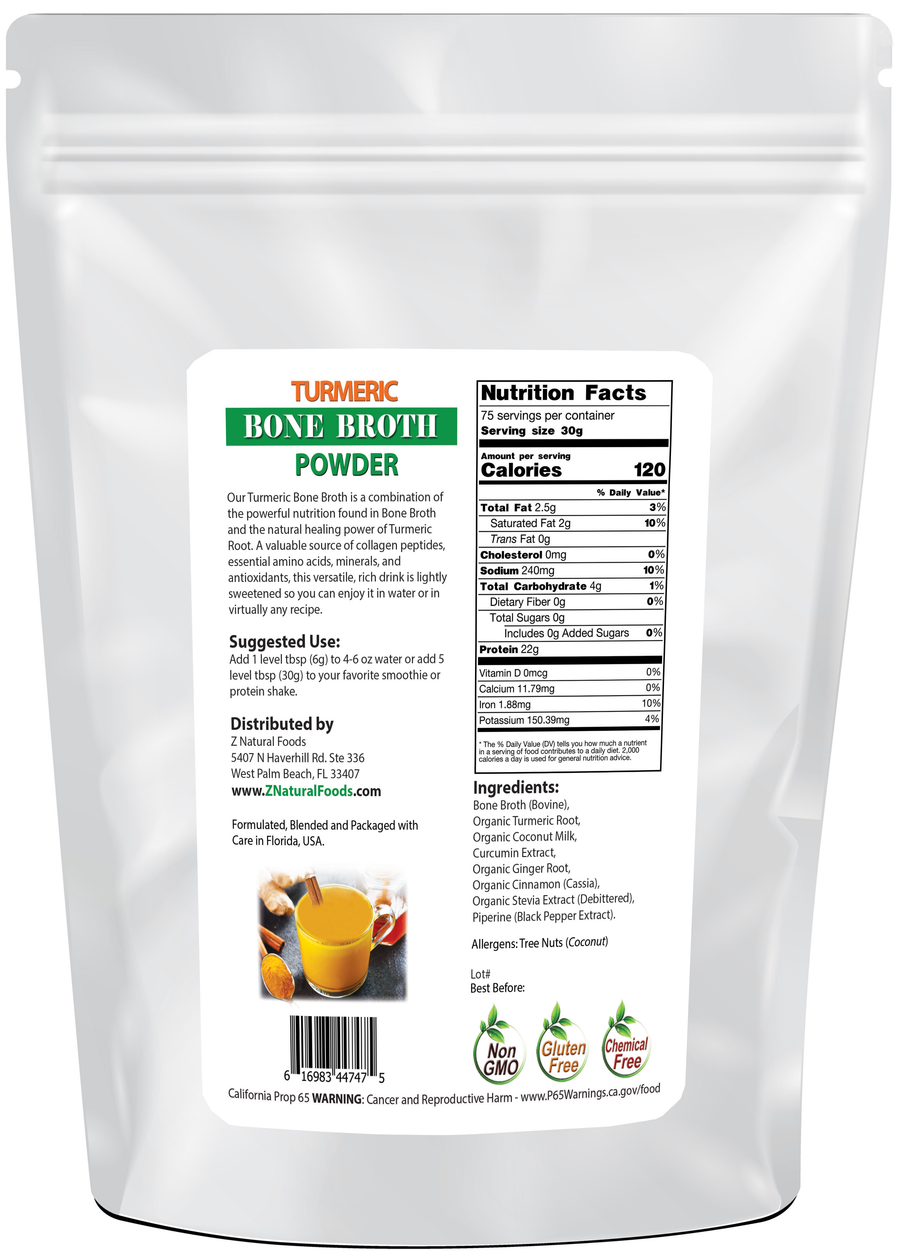 Photo of back of 5 lb bag of Turmeric Bone Broth Powder