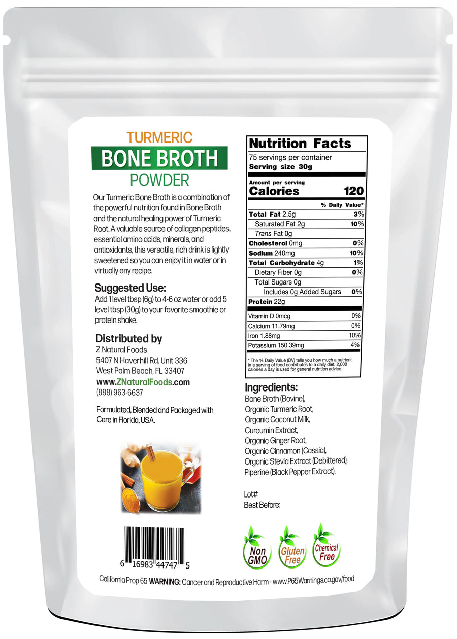 Photo of back of 5 lb bag of Turmeric Bone Broth Powder