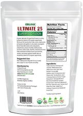 Photo of the back of 1 lb bag of organic Ultimate 25 Superfood Fusion