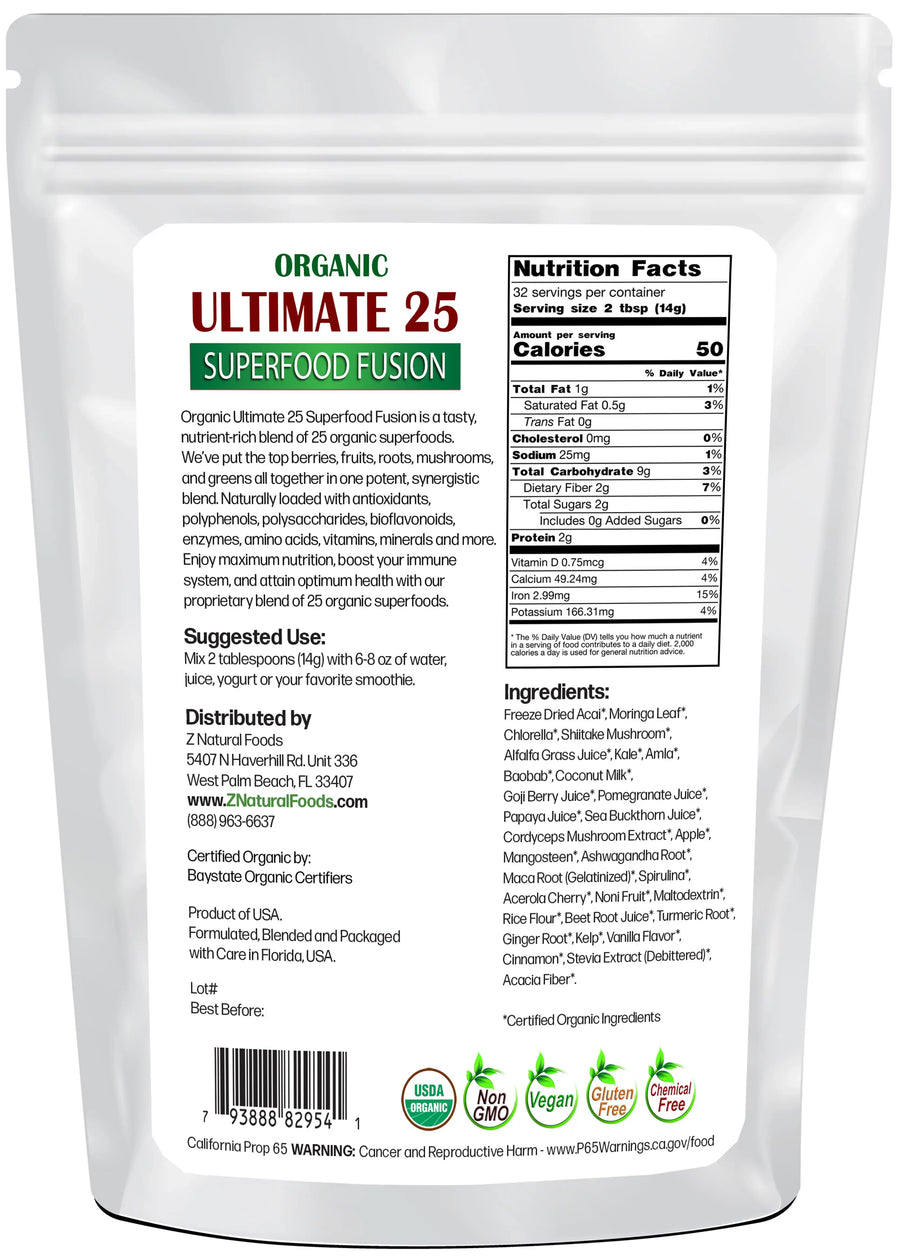 Photo of the back of 1 lb bag of organic Ultimate 25 Superfood Fusion