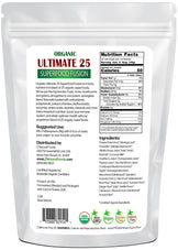 Photo of the back of 1 lb bag of organic Ultimate 25 Superfood Fusion