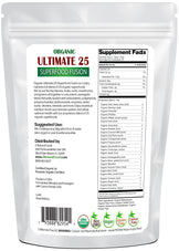 Photo of the back of 1 lb bag of organic Ultimate 25 Superfood Fusion