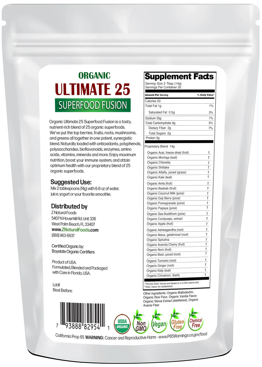 Photo of the back of 1 lb bag of organic Ultimate 25 Superfood Fusion