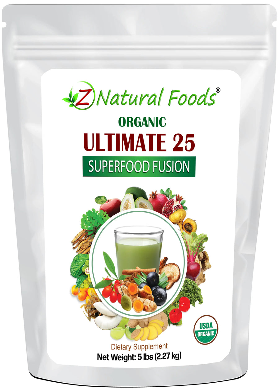 Photo of the front of 5 lb bag of organic Ultimate 25 Superfood Fusion