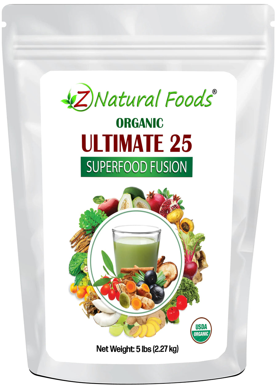 Photo of the front of 5 lb bag of organic Ultimate 25 Superfood Fusion