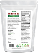 Photo of the back of 5 lb bag of organic Ultimate 25 Superfood Fusion