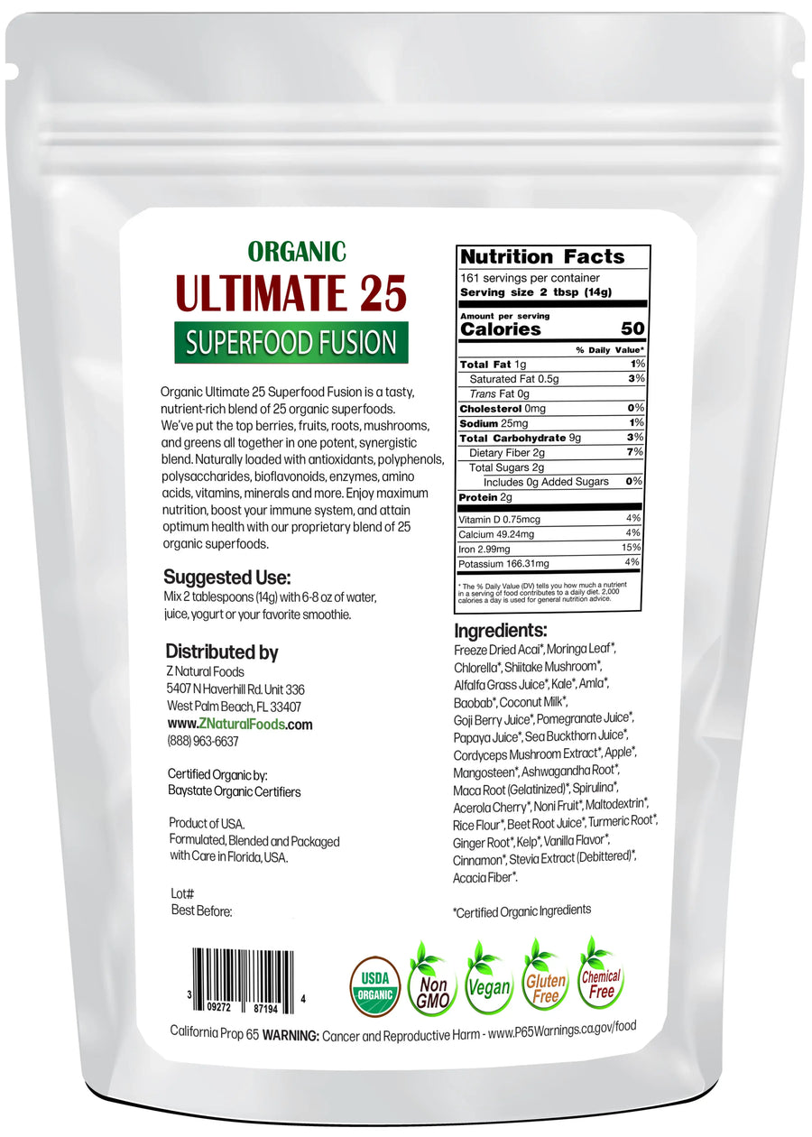 Photo of the back of 5 lb bag of organic Ultimate 25 Superfood Fusion