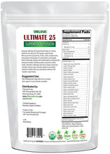 Photo of the back of 5 lb bag of organic Ultimate 25 Superfood Fusion