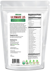 Photo of the back of 5 lb bag of organic Ultimate 25 Superfood Fusion