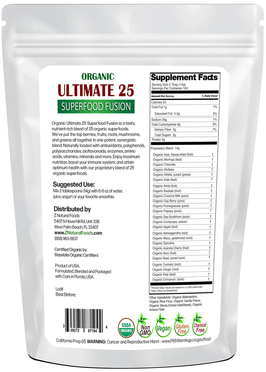 Photo of the back of 5 lb bag of organic Ultimate 25 Superfood Fusion