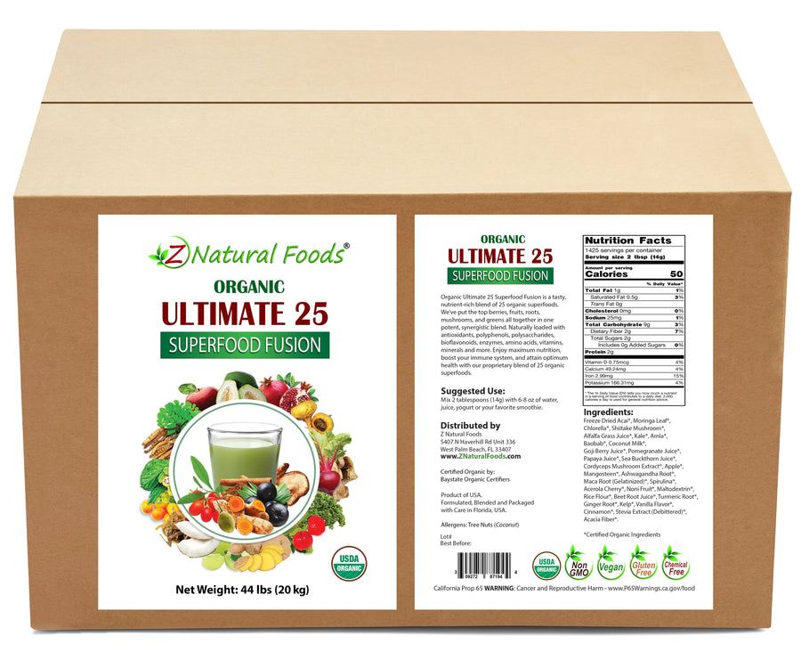 Photo of the front and back label of Ultimate 25 Superfood Fusion in Bulk