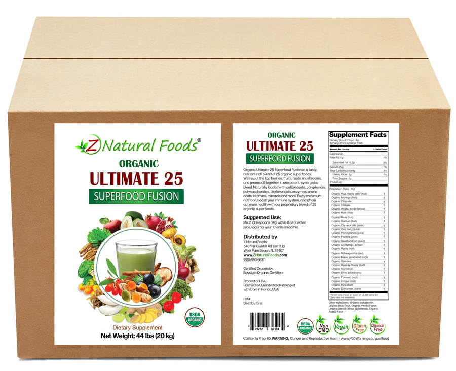 Photo of the front and back label image of organic Ultimate 25 Superfood Fusion in bulk