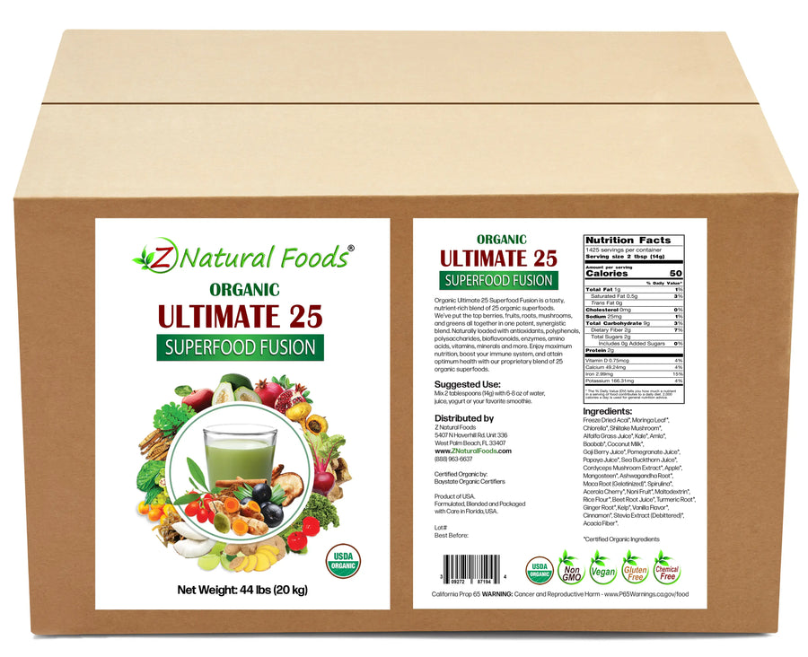 Photo of the front and back label image of organic Ultimate 25 Superfood Fusion in bulk