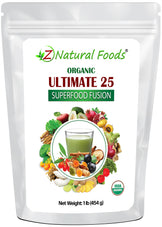 Photo of the front of 1 lb bag of organic Ultimate 25 Superfood Fusion