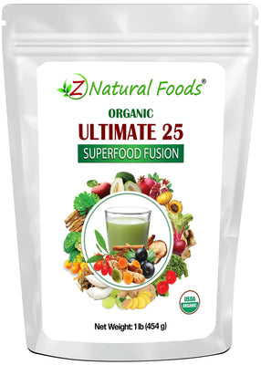 Photo of the front of 1 lb bag of organic Ultimate 25 Superfood Fusion