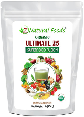 Photo of the front of 1 lb bag of organic Ultimate 25 Superfood Fusion