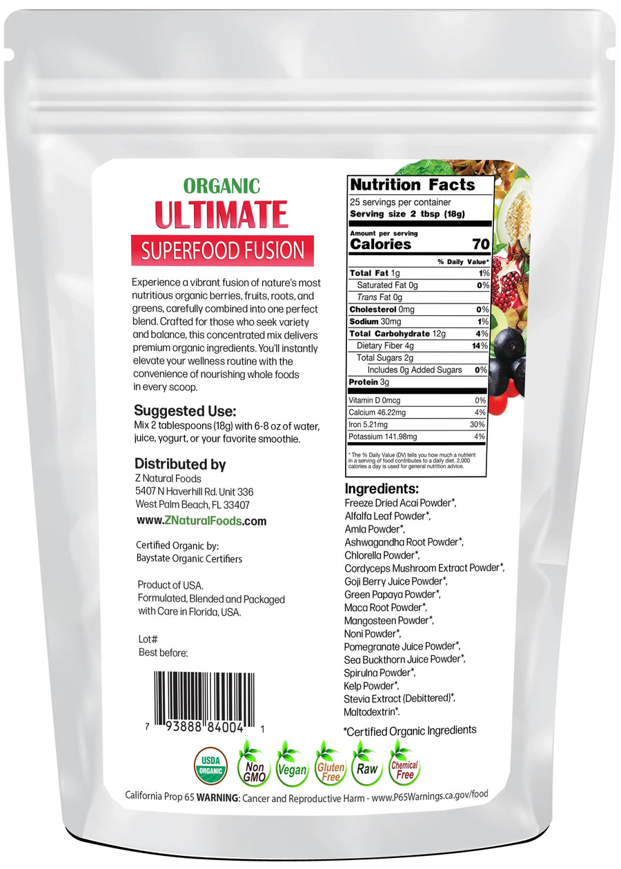 Back of the bag image of Organic Ultimate Superfood Fusion 1 lb 