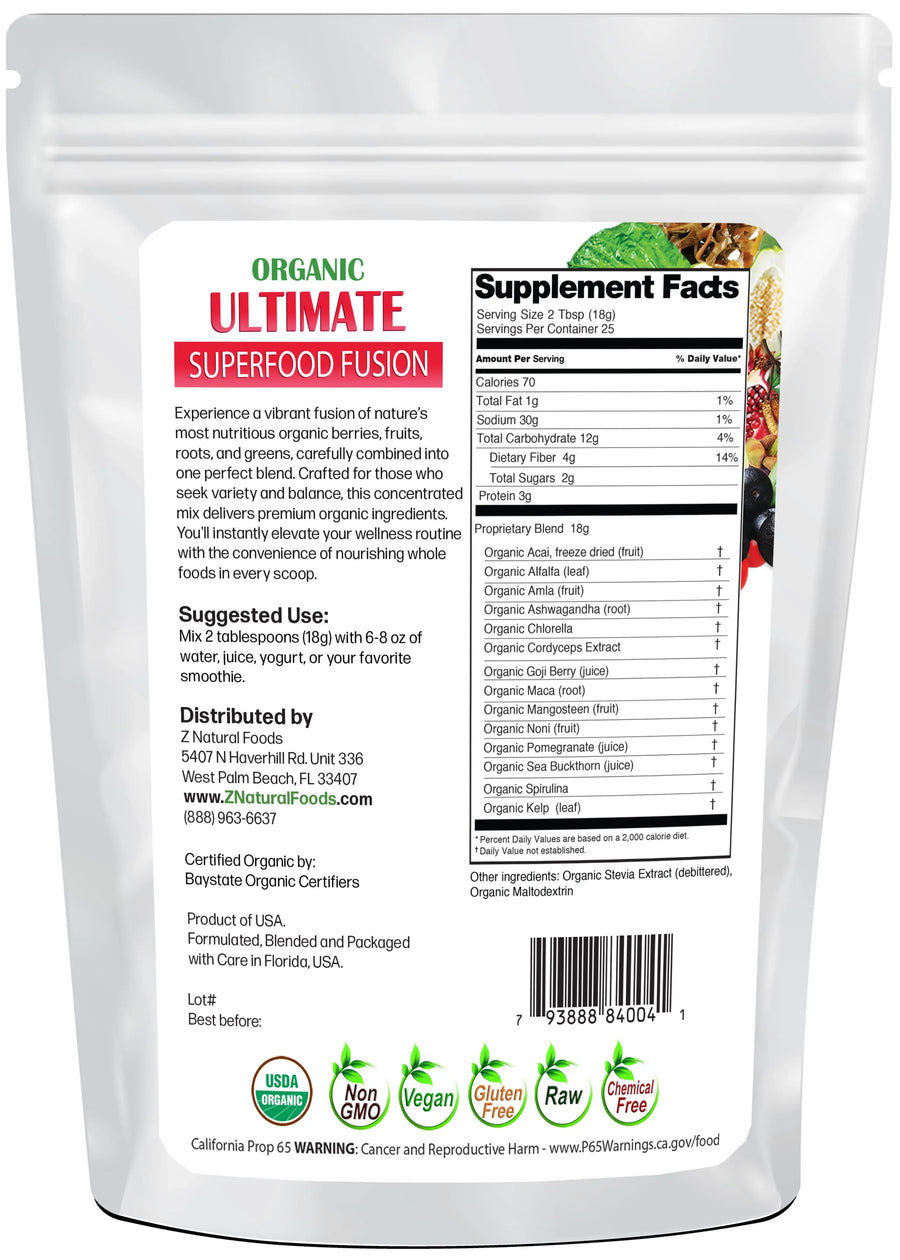 Back of the bag image of Organic Ultimate Superfood Fusion 1 lb 